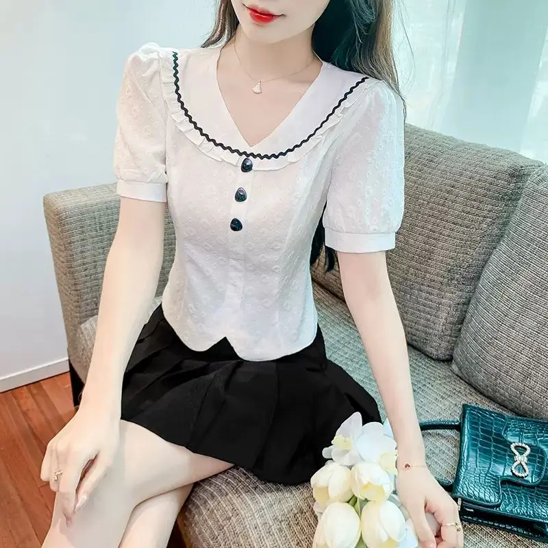 Short Slim Contrast Patchwork Elegant Blouse Summer Short Sleeve All-match Fashion Shirt Tops Temperament Korean Women Clothing