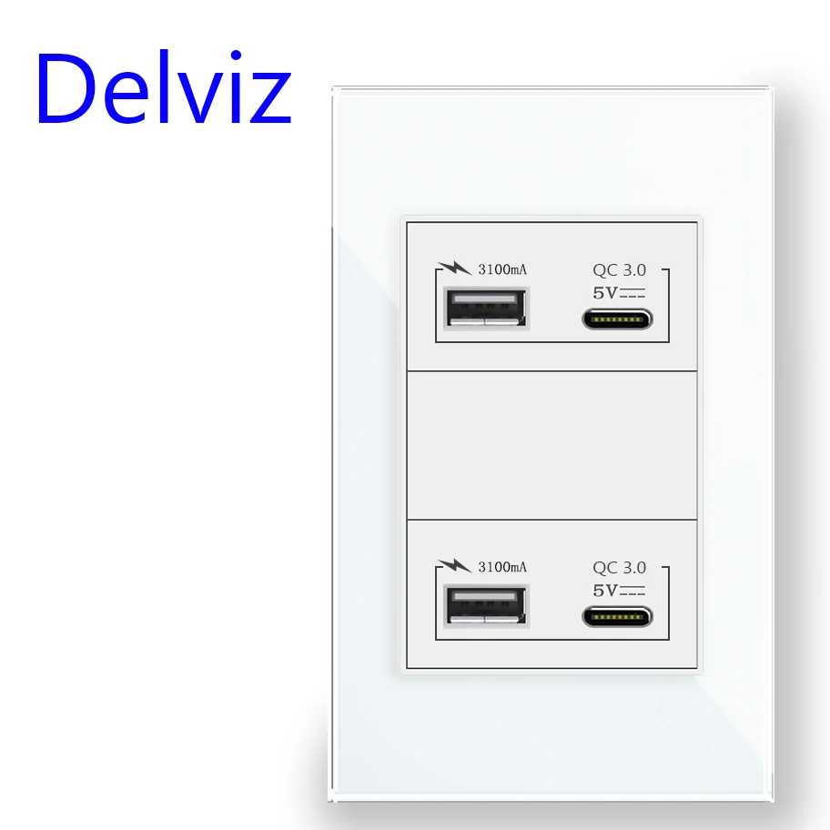 Delviz 2A2C Quick charge port, White/Black Toughening Crystal Glass Panel 120mm*72mm, Brazil standard 18W Type C USB Wall Socket