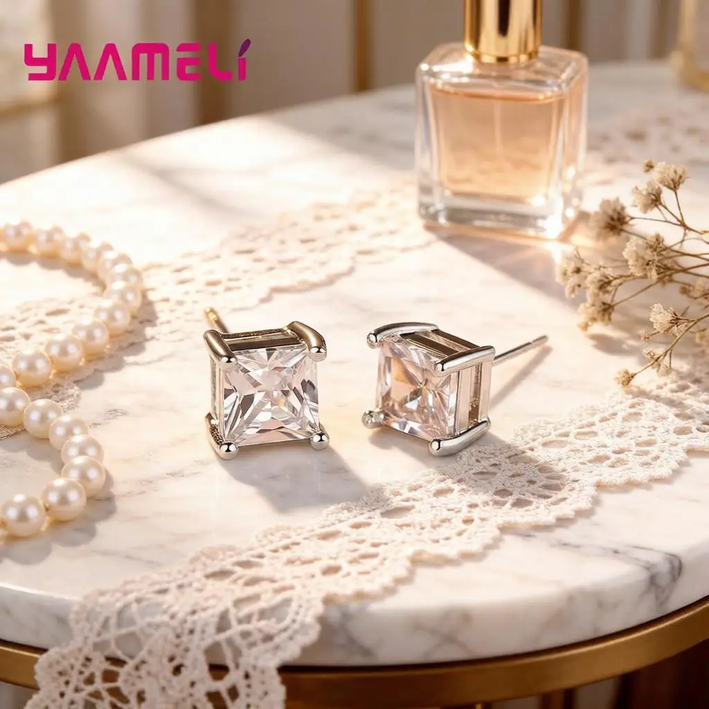 Classic 925 Sterling Silver Square Clear Crystal Zircon Stud Earrings for Women Girls Anniversary Fashion Party Jewelry Gifts