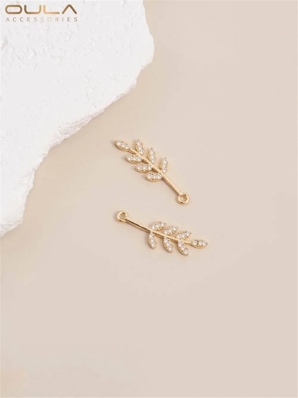 

14K Gold-Color Plated Inset Zircon Three-dimensional Rose Leaf Pendant Diy Earrings Double Hanging Bracelet Accessories