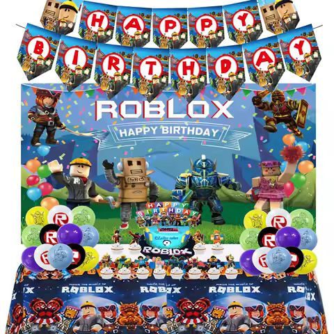 ROBLOX Birthday Party theme backdrop Banner Balloon Cake Topper Set Party Supplies Girls Kids Boys Favor baby shower game