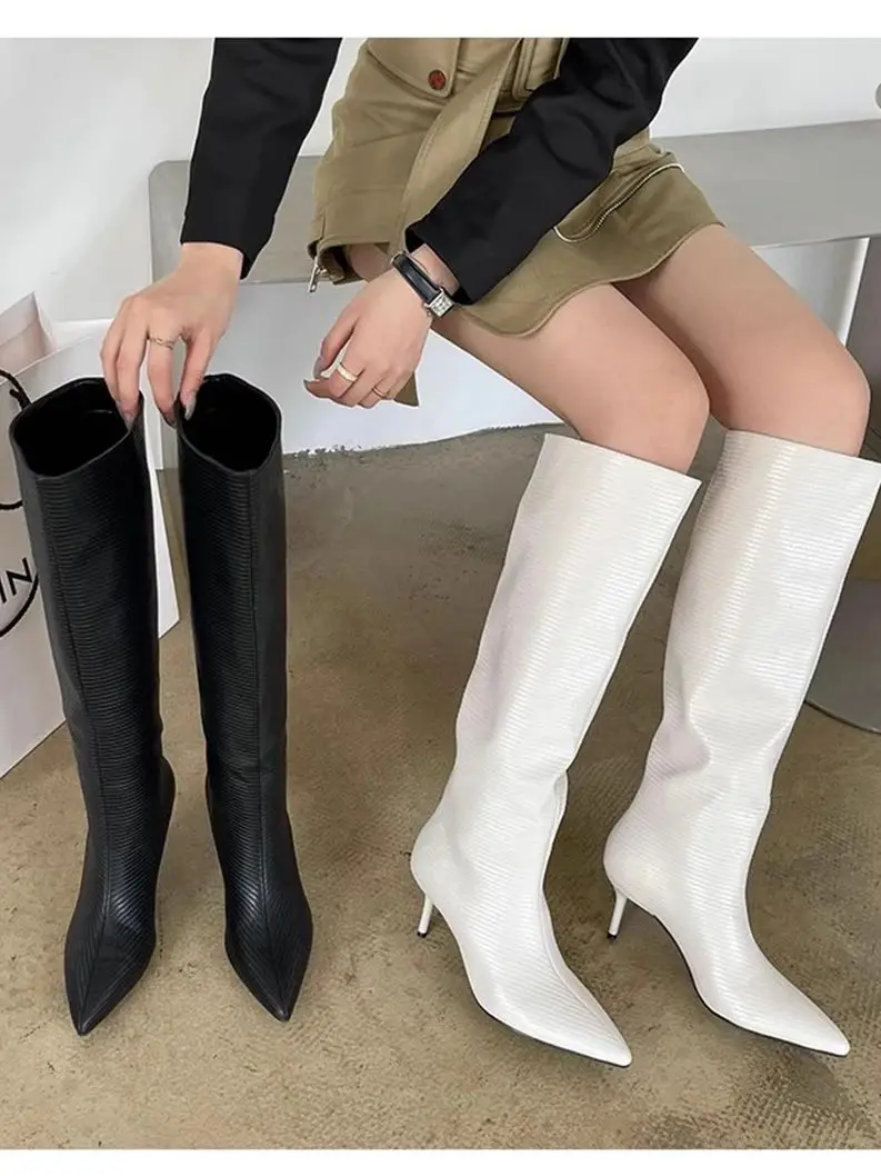 Fashion Women Knee High Boots Pointed Toe Chelsea Botas Thin High Heels Black White Slip On Winter Knight Botas Size 35-40