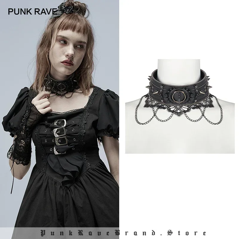 PUNK RAVE Women's Lolita Rebellious Girl Fiber Leather Metal Rivet Collar Necklace Adjustable Chain Women Accessories Choker