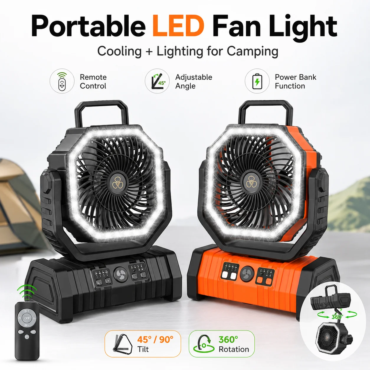 Camping Fan 10000mAh Battery Powered Fan Rechargeable with LED Light Portable Outdoor Tent Fan with Hanging Hook