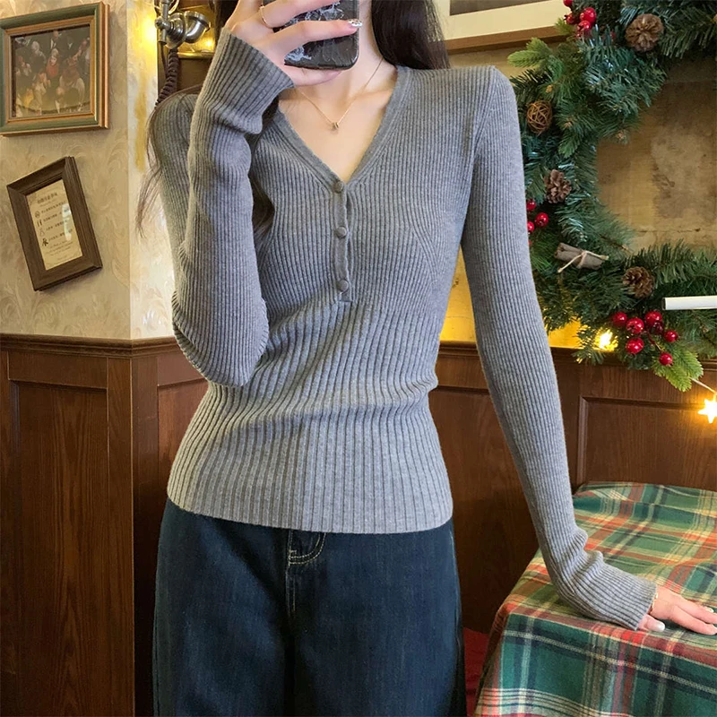 Stretch Slim Fit V-Neck Knitted Sweater Women Spring Autumn Sexy Tight Button Long Sleeve Pullovers High Quality Ribbed Knitwear