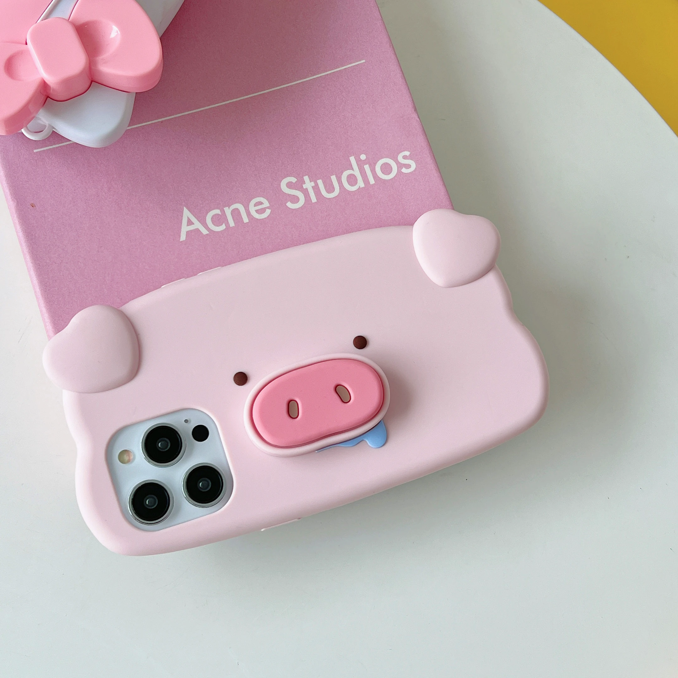 

Cute 3D Cartoon Pig Holder Phone Case For iPhone 14 Pro Max Plus 13 12 Lovely Bracket Soft Full Coverage Silicone Back Cover