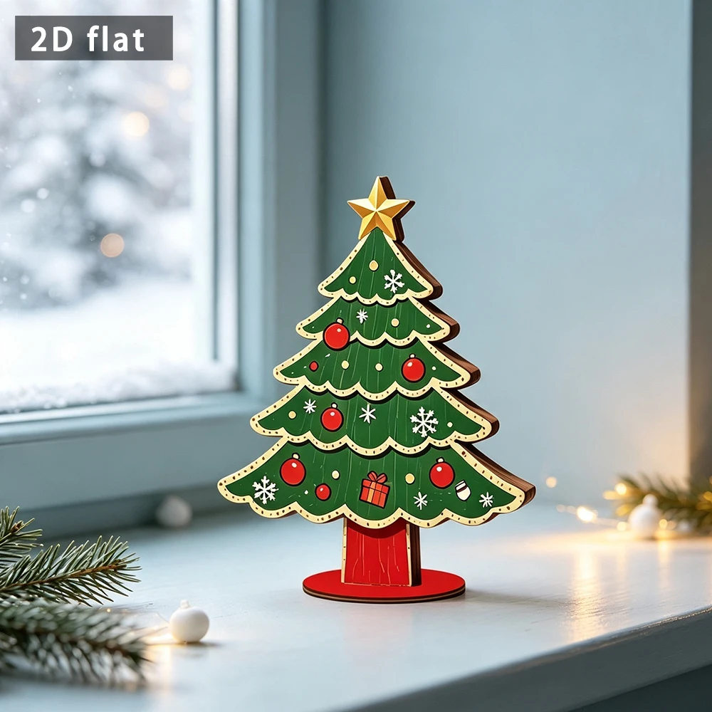 Wooden Christmas Tree Table Sign, 2D Flat Xmas Ornament, Freestanding Winter Holiday Desktop Decor