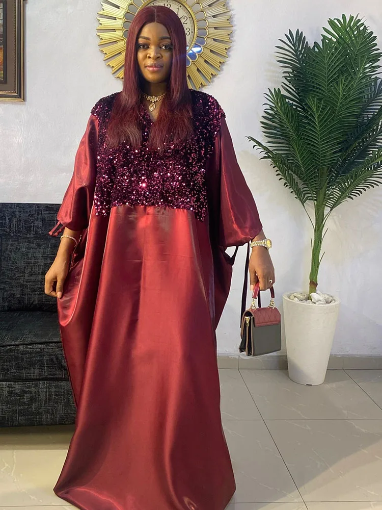 

Glittery Ramadan Dashiki Boubou Dress – Red Sequin & Printed Ankara Brocade Kaftan Gown for Women, Party & Evening Wear