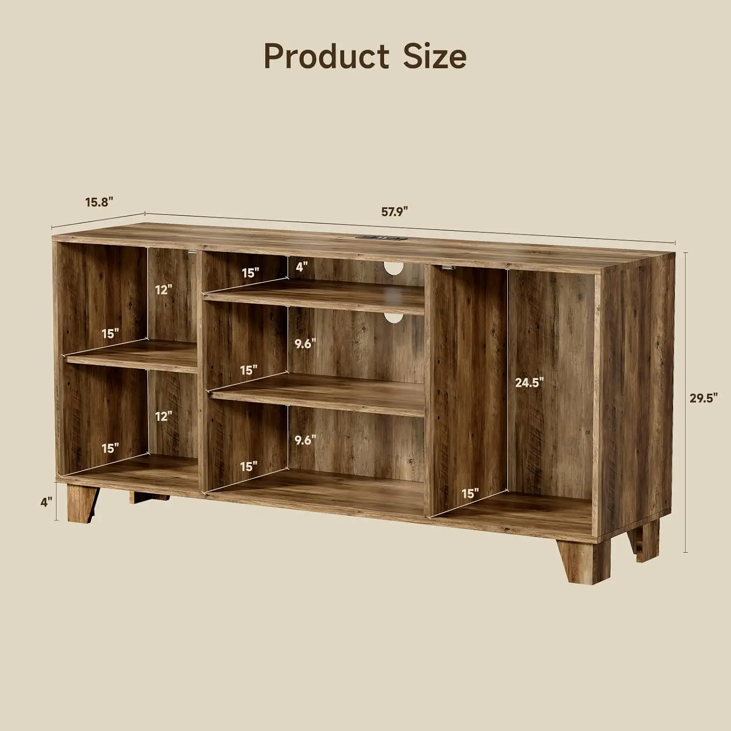Boho TV Stand 65 Inch with Power Outlet & Doors, Entertainment Center Shelves Cable Management, Brown, Customized