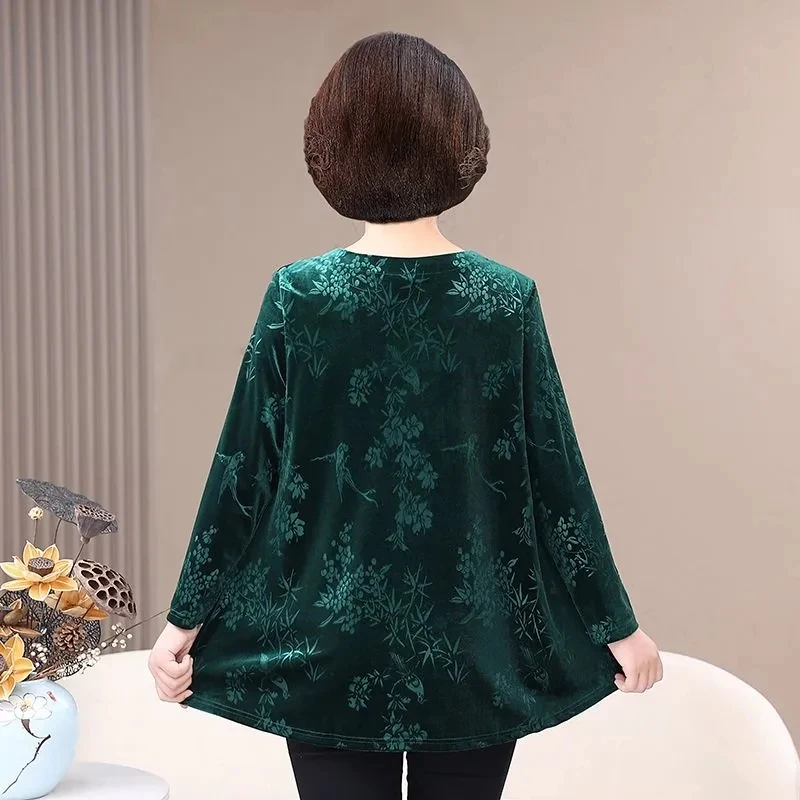 5XL Large Size Mother Gold Velvet T-shirt Spring Autumn Long Sleeve Pullover Tops Middle Aged Elderly Women's Tshirts Velvet Tee