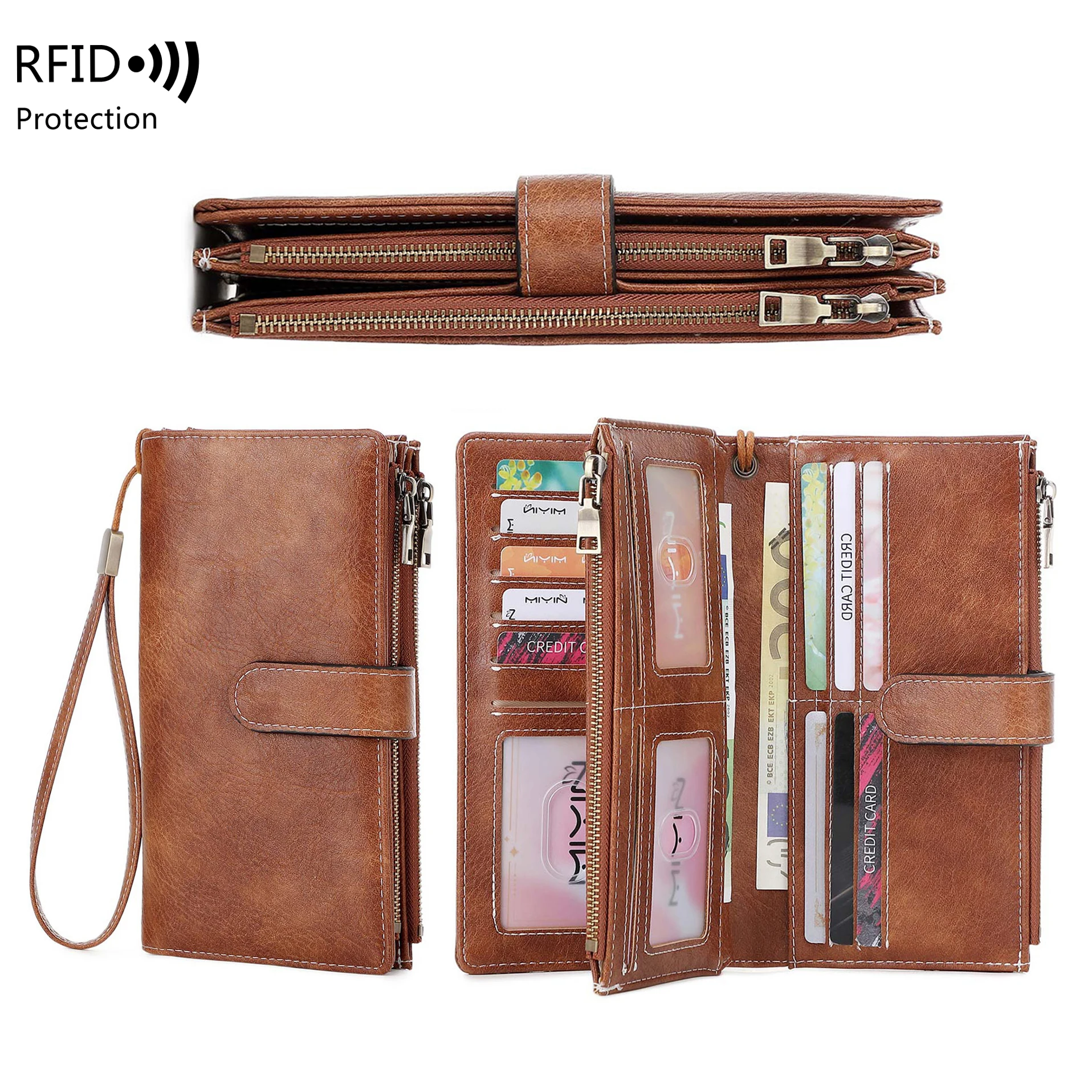 MIYIN Retro RFID Shielded Large Capacity Credit Card Holder Portable Tri-fold Women's Clutch/Credit Card/ID/Coin Long Wallet