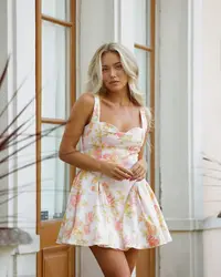 YENKYE Summer Women Sexy Low Waist Floral Print Mini Dress Fit And Flare Sleeveless Female Holiday Party Dresses Graduation Robe