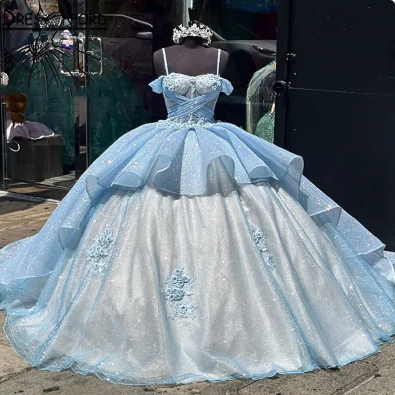 

ANGELSBRIDEP Charming Blue Ball Gown Quinceanera Dresses Off Shoulder Tiered Vestidos De xv Años Princess Party Gowns Corset