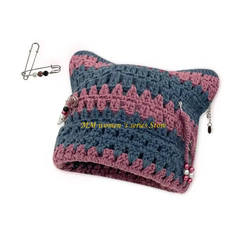 Q39C Y2K الشيطان مخطط محبوك قبعة مع مشبك ورق ديكور الشتاء قبعة ركوب الدراجات