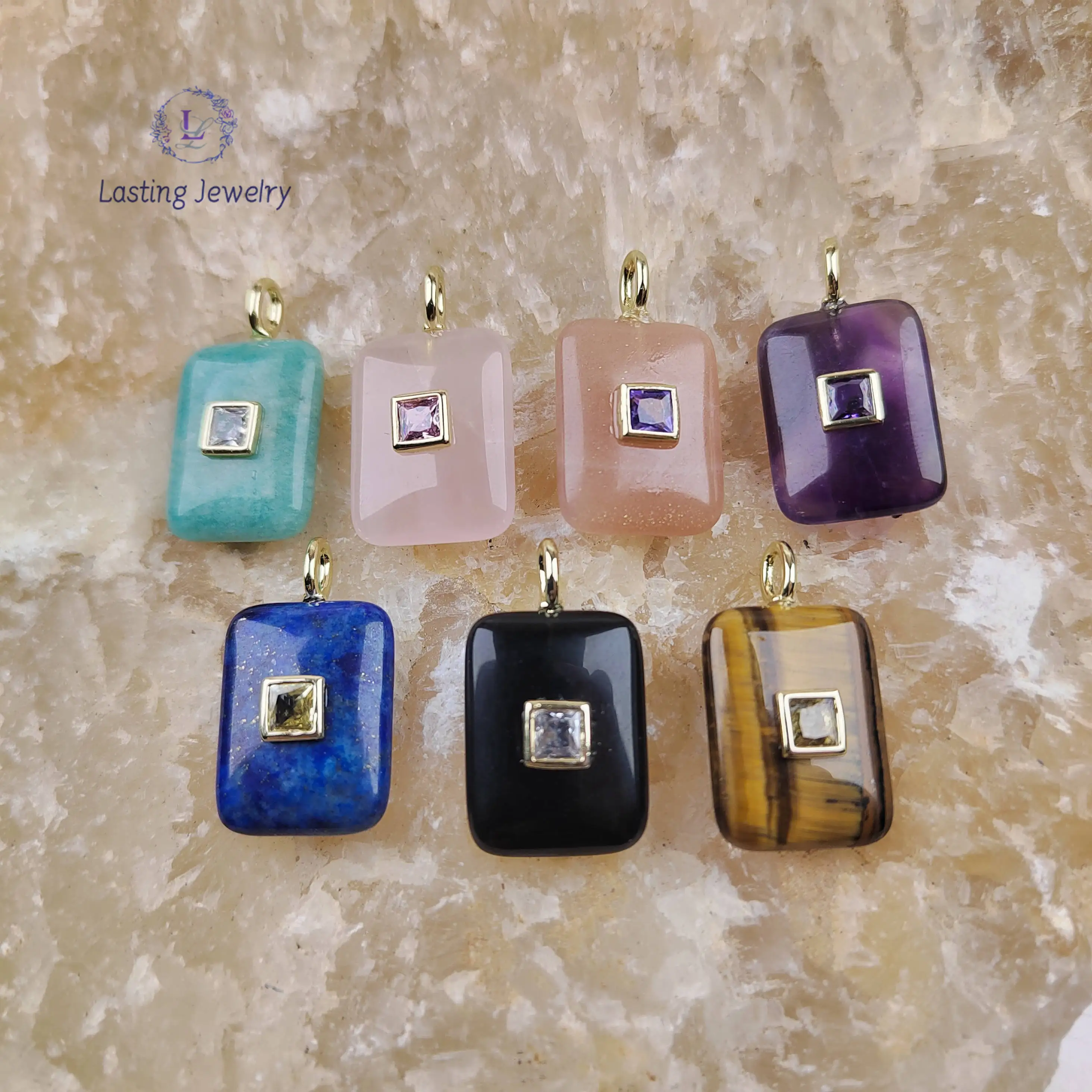 

15x20mm Rectangle Crystal Pendants With Inlaid Zircon Beads Healing Quartz Sunstone Gemstone Charms For Necklace Jewelry Making