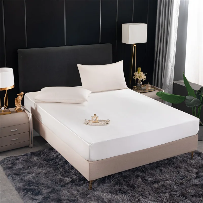 

Solid Color Fitted Sheet High-End Luxury Satin Mattress Cover With Elastic Band Bedsheet 140x200 160x200 Fit Sheet