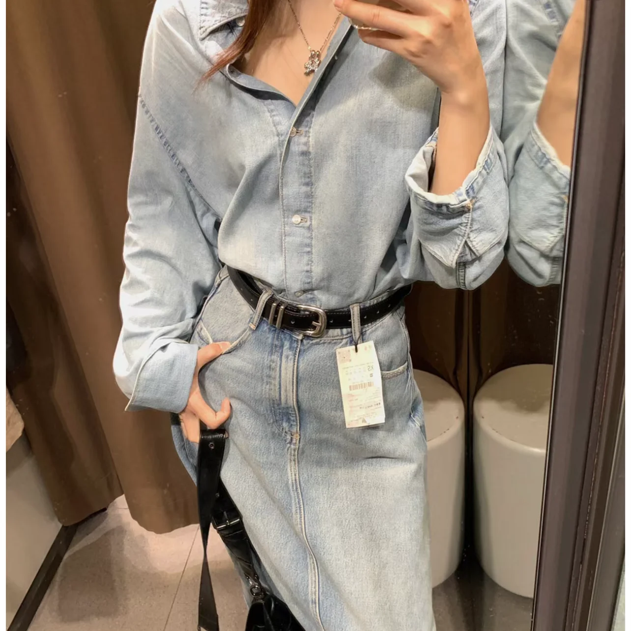 

Новый осенний женский дизайн Long Sve Denim irt Coat Ba Split Верхняя одежда из хлопка 00% Faionable Ele Casual irt