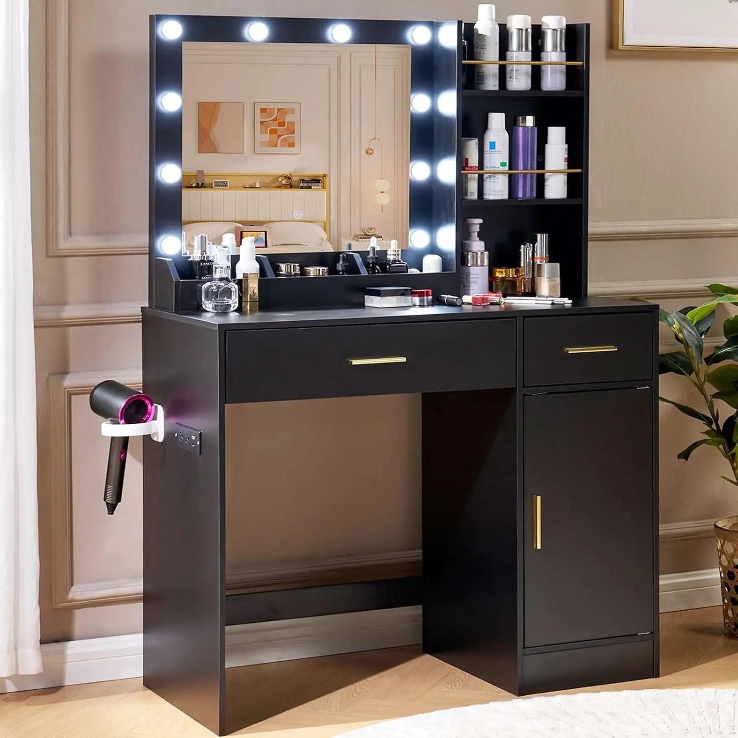 

Vanity Desk with Mirror and Lights, Makeup Desk with Charging Station, Drawers & Cabinet, 3-Color LED Lights with 10 Bulbs,Black