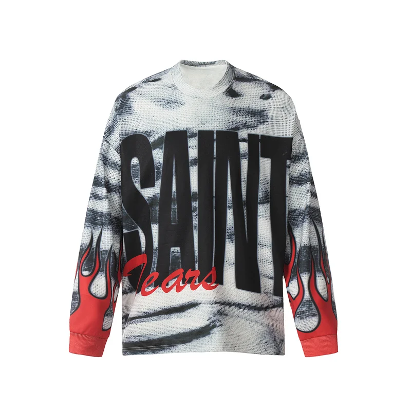 

Tie-dye Full Print Long Sleeve Retro Autumn Winter T-Shirt Classic Large Letter Print Man Woman Saint Hip Hop Oversized Tops