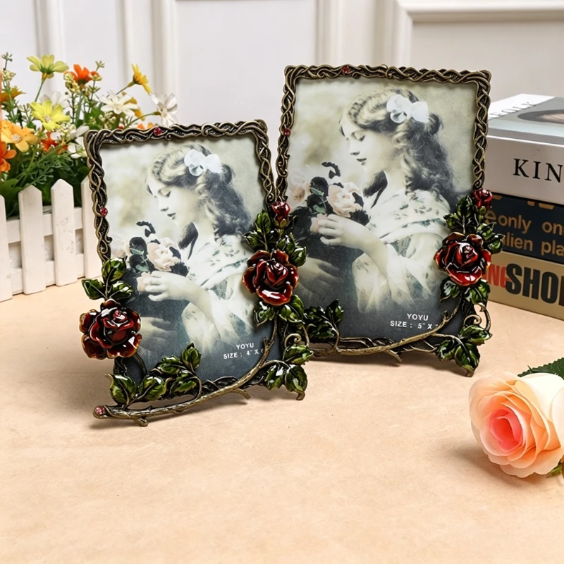 Vintage Red Rose Enamel Metal Photo Frame 5x7 inch,bedroom countertop high-end photo frame ,Home Desktop Wedding Decoration Gift