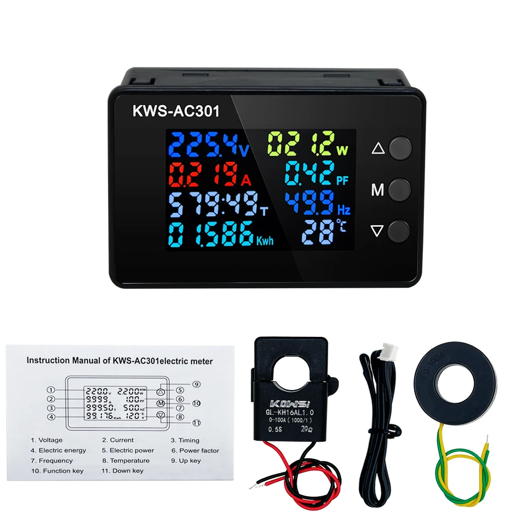 

KWS-AC301 Wattmeter Power Meter Voltmeter AC 50-300V Voltage 50-60HZ Power Analyzers LED AC Electricity Meter 0-20/100A Detector
