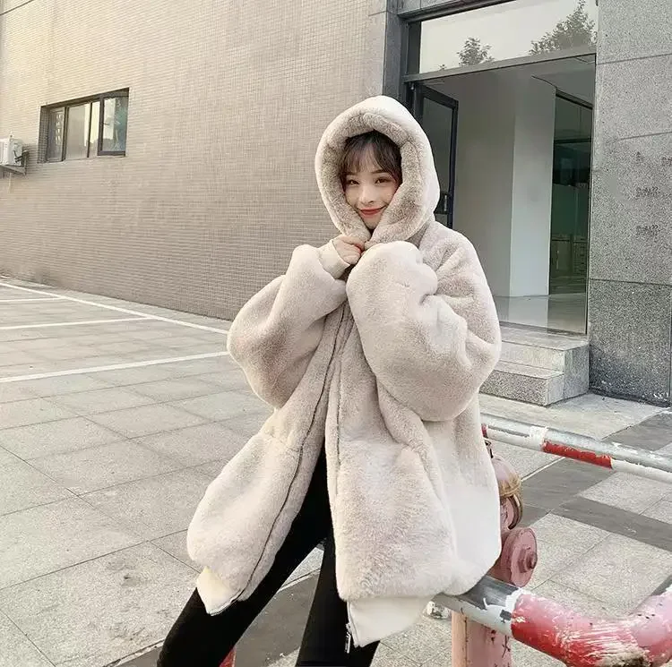 Korean Style New Fashion Women's Solid Color Simple Basic Elegant Casual Trendy Zipper Hooded Faux Fur Coats Female Clothes Tops