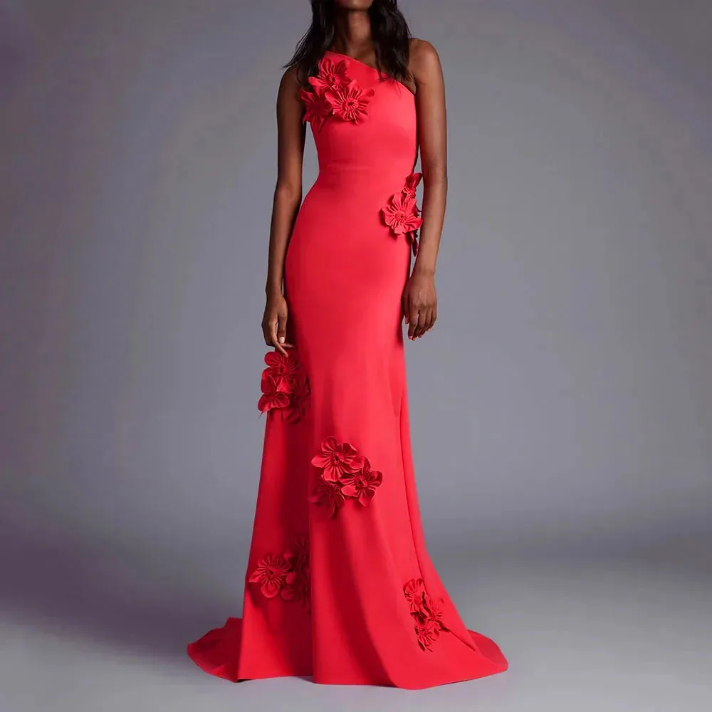 Vestido de noche largo de un hombro con flores 3D para mujer, traje ajustado de sirena de crepé, longitud hasta el suelo, rojo, 2024, CL-770