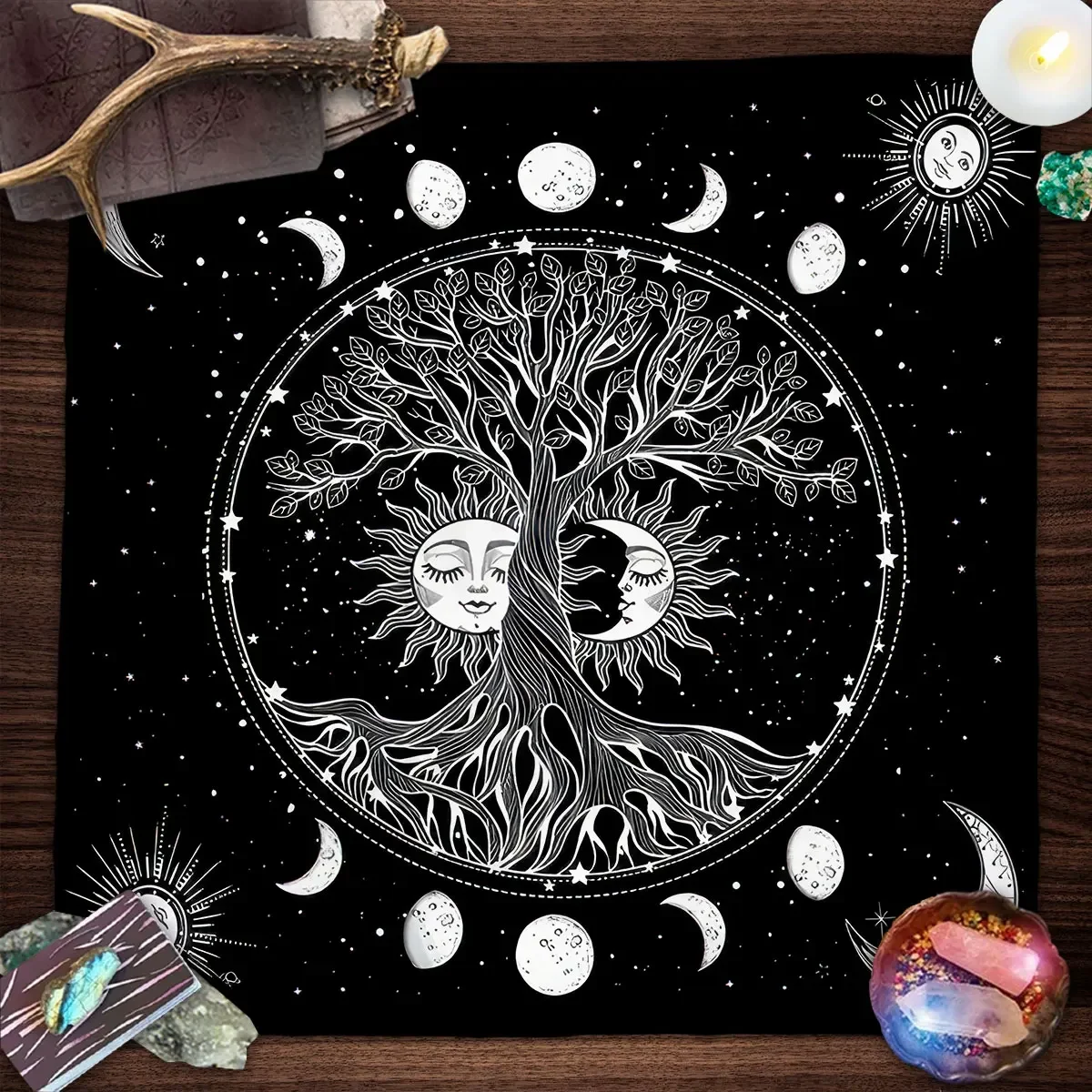 Black Sun Moon Life Tree Tarot Tablecloth Altar Cloth Astrology Oracle Table Mat Home Room Decoraction Witchy Cottagecore Decor