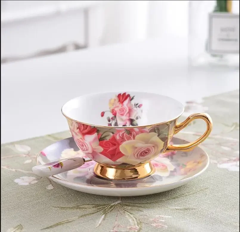 Vintage Rose Bone China Tea Cup Saucer Spoon Set 200ml Advanced Porcelain Coffee British Cafe Afternoon Teacup Drop Shipping