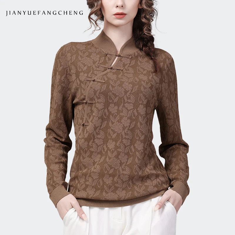 Vintage Mandarin Collar Women\' Long Sleeve Knitted Sweater Autumn Winter Bottoming Tops Brown Floral Stretching Pullovers