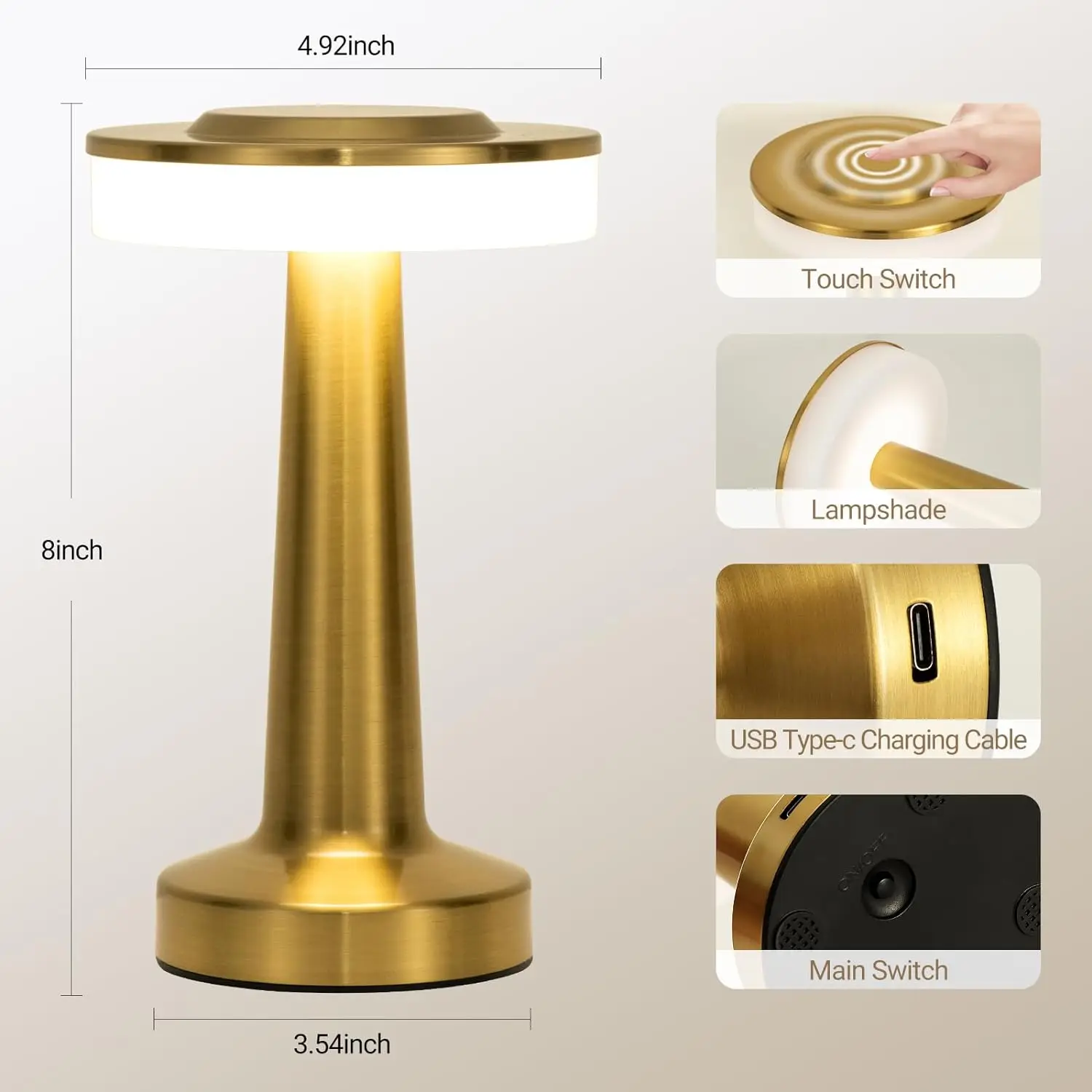 LED Table Lamp Touch Sensor Rechargeable Desktop Night Light Wireless Reading Lamp for Restaurant Hotel Bar Bedroom Decor Light