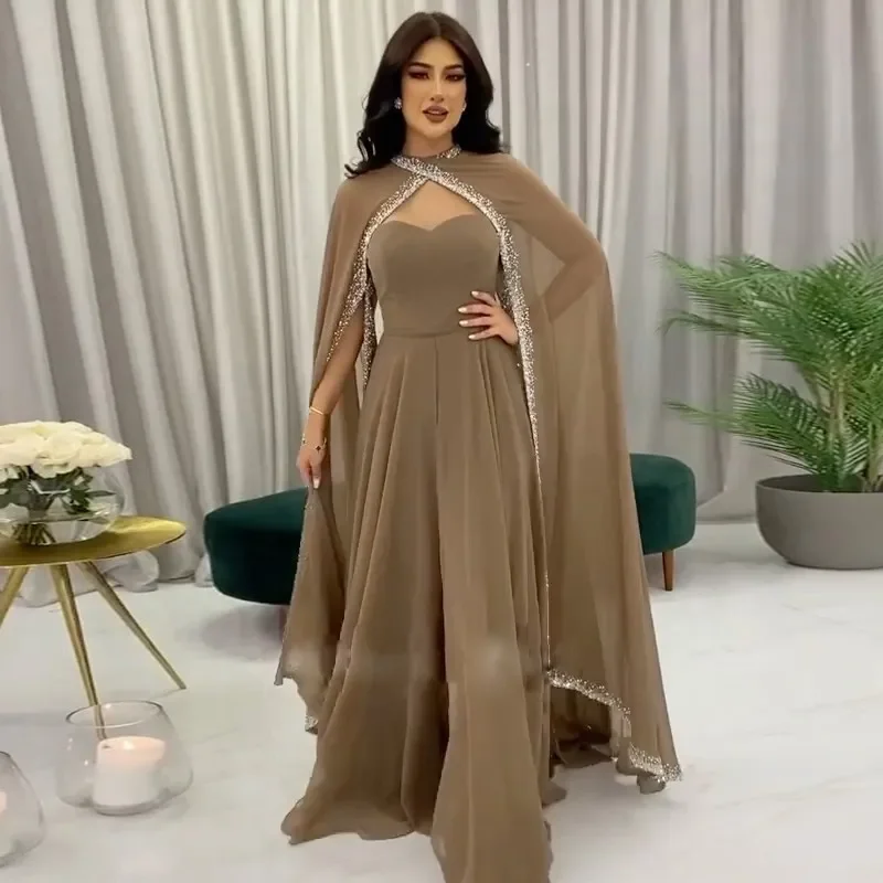 Dubai Brown Arabic Moroccan Kaftan with Cape Long Sleeve Crystal Formal Wedding Guest Evening Prom Dresses Summer 2023