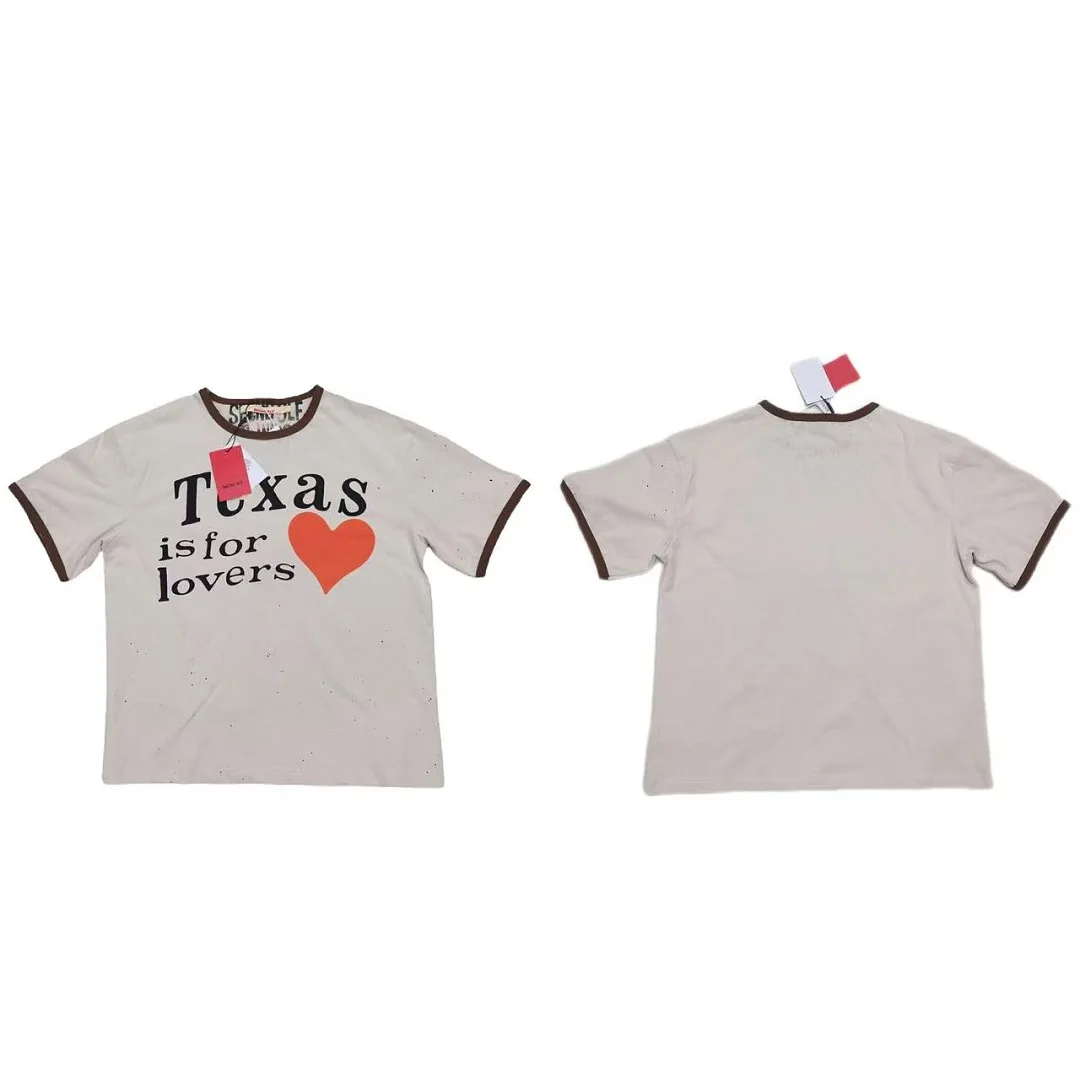 Texas Is For Lovers Heart Print T Shirt Men Vintage Speckled Cotton Short Sleeve Top Casual Y2K Streetwear Oversized Tee