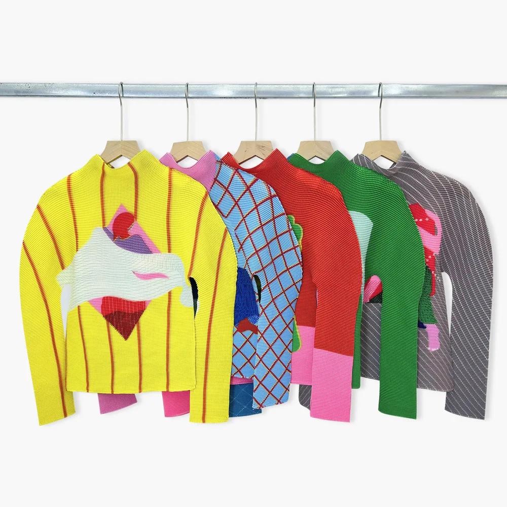 Miyake Pleated 2025 New Corn Kernel Print Pleated Long-sleeved Blouse Women Fashion Korean T-shirt Niche Design Models Pleated