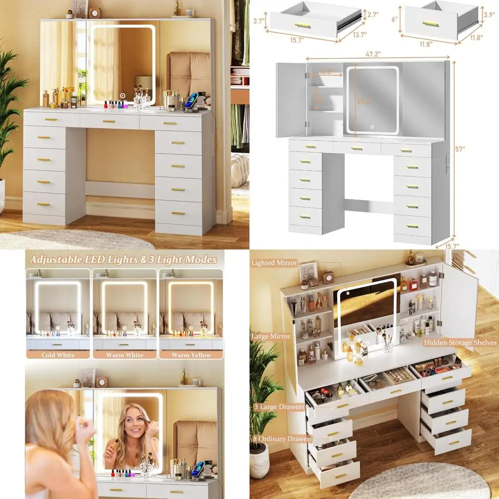 Makeup Vanity Desk with Mirror, 47.2 White Desk, 11 Drawers, Hidden Shelves, Storage Space for Beauty Essentials