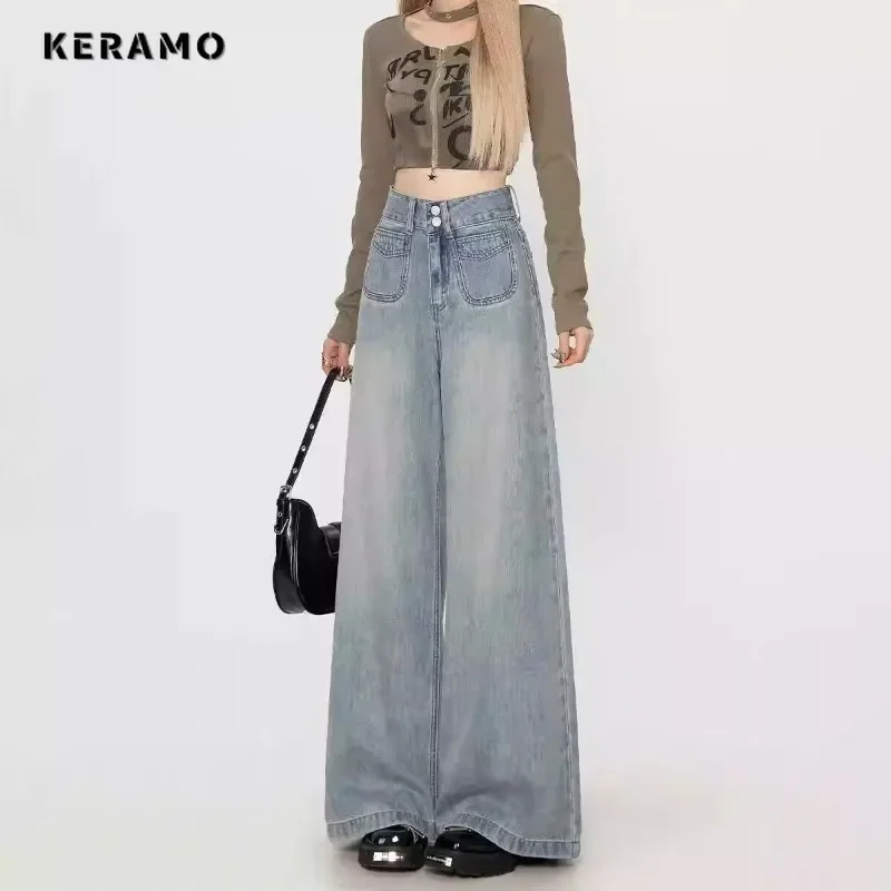 American Retro hohe Taille übergroße hellblaue Jeans Frauen lässig Baggy Pocket Y2k Hosen weites Bein übergroße feste Jeans hose