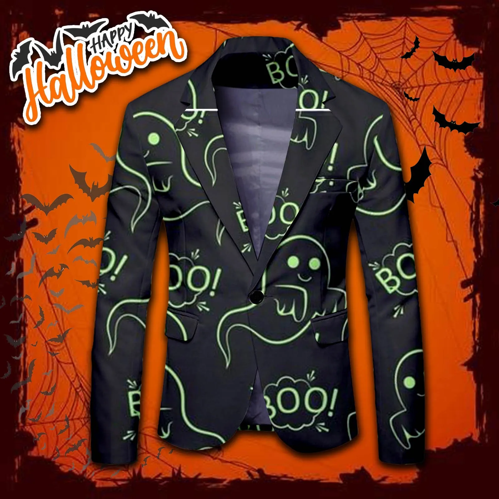 Halloween Theme Pumpkin Print One Button Suit Autumn Long Sleeved Cosplay Jacket Casaul Lapel Neck Pocket Blazer for Men