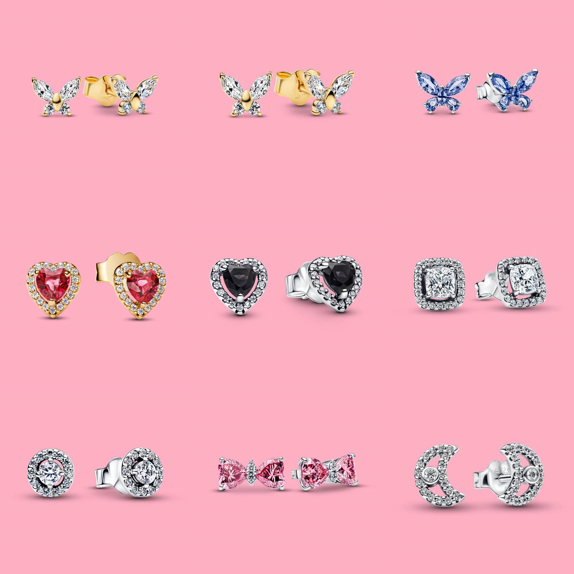 

2025 New 925 Silver Stud Blue Zircon Butterfly Shaped Earring Sparkling Pink Bow Stud Original Earring Women Gift Fine Jewelry