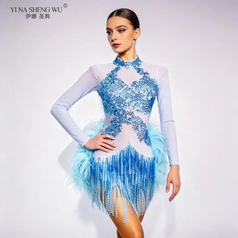 

Элитная юбка для латиноамериканских танцев для женщин и детей, с камнями AB, ажурная, с бахромой, для румбы, ча-ча-ча, танго, профессиональное платье для выступлений, для взрослых