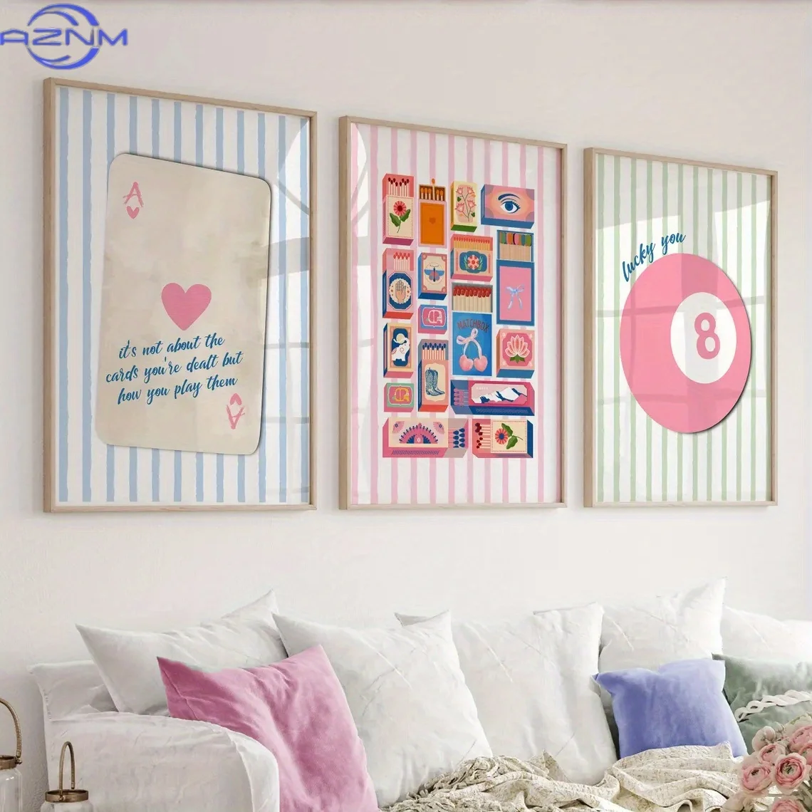 3pcs Set, Wall Art, Vintage Poster, Macron Color Matchbox Playing Cards Print, Pink Blue Green Striped Billiards Canvas Painti