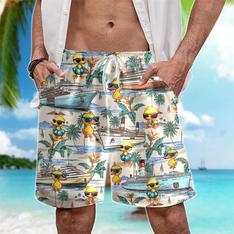 Niedliche Ente Cartoon Grafik Strand Shorts Aloha Junge Stämme Aloha Enten 3D-Druck kurze Hosen für Männer Kleidung Kawaii Tier Hose