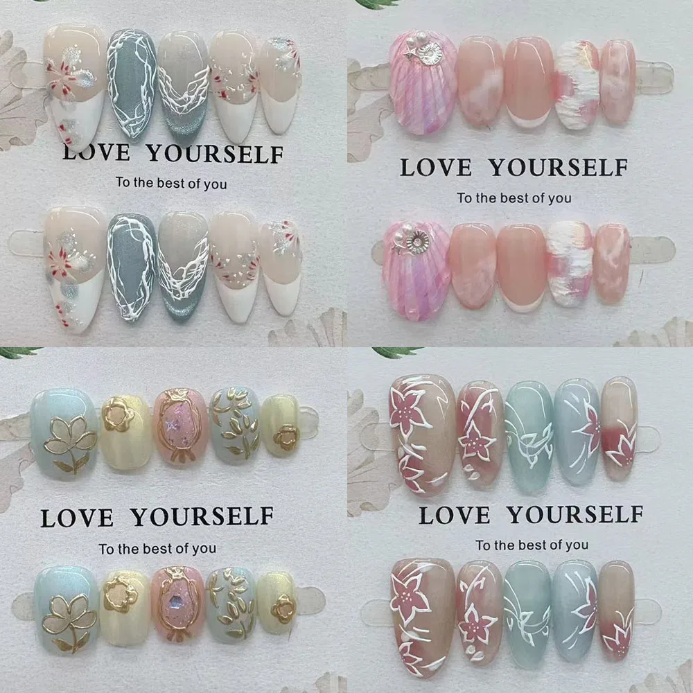 Gentle Elegant Hand Drawn Flower Almond Fake Nails Stars Diamond Pearl Metal Ball Handmade Nail Art Birthday Gift Party Stickers