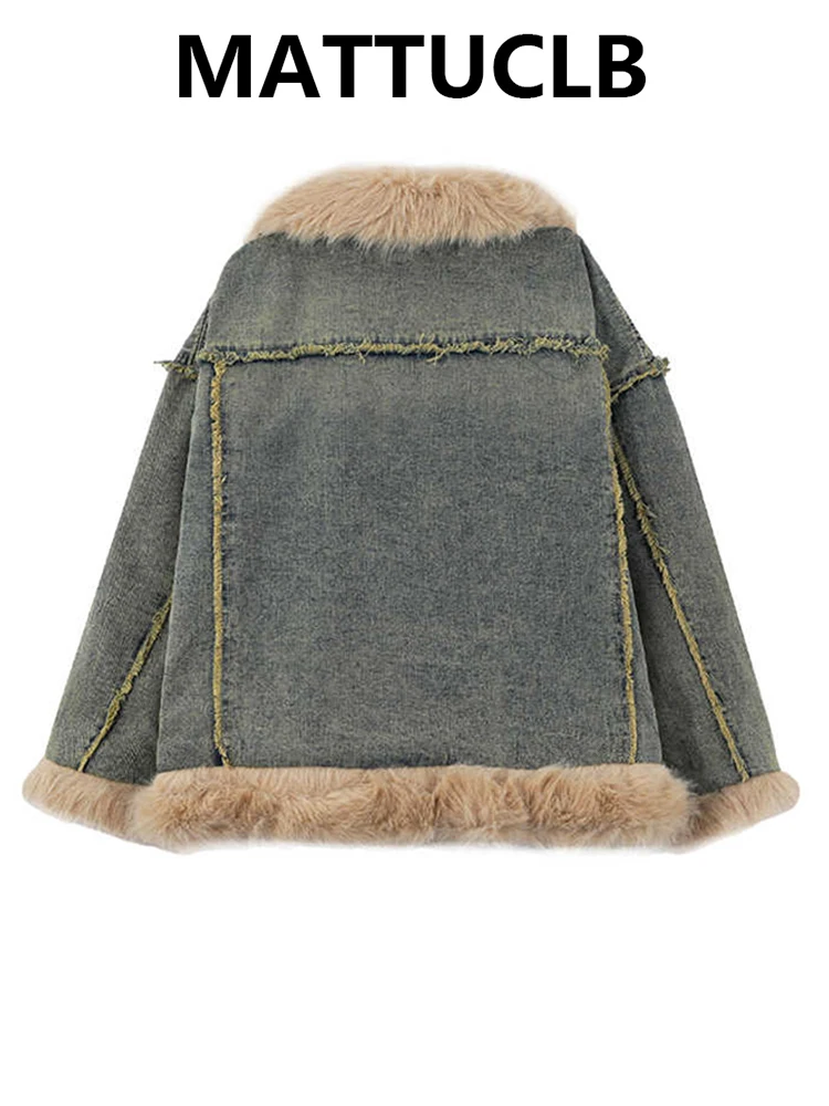 Winter Women's Denim Jacket Korean Fashion 2000s Y2k Designer Oversize Faux Fur Coat Thick Cowboy Outwear Punk Style Tide New