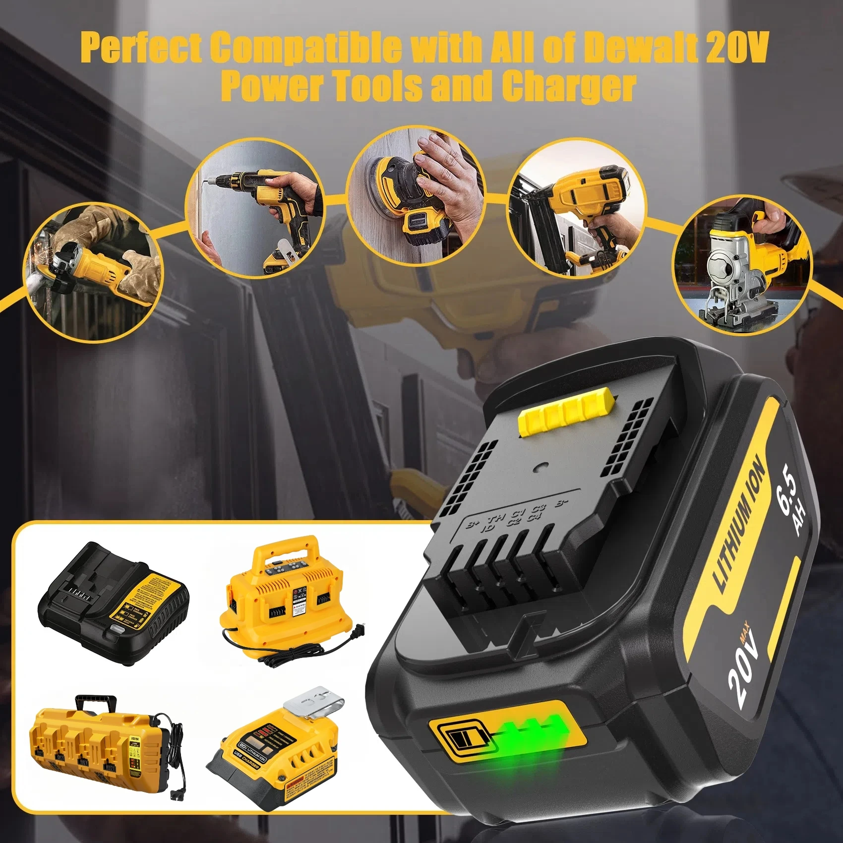 

2 Pack 6.5Ah For Dewalt Battery Compatible for Dewalt 20V MAX Battery DCB200 DCB204 DCB206 DCB206-2 DCB201 DeWalt Battery Tool