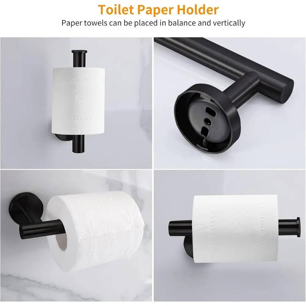 مجموعة ملحقات الحمام 24 باللون الأسود غير اللامع: شريط المناشف، حامل ورق المرحاض، خطاف الرداء، مصنوع من الفولاذ المقاوم للصدأ SUS304 #4