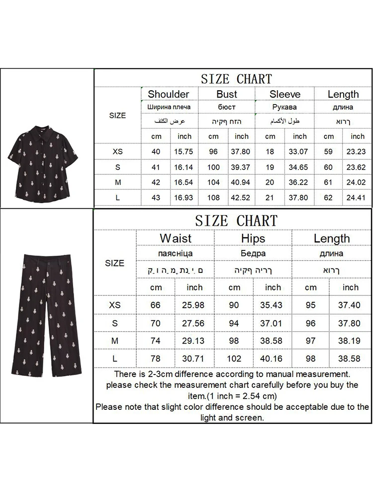 TRAF Fashion 2 Pieces Embroidery Thin Blouse Pant Sets For Women 2024 Short Sleeve Shirt Top Zipper Wide Leg Pant Casual Suit