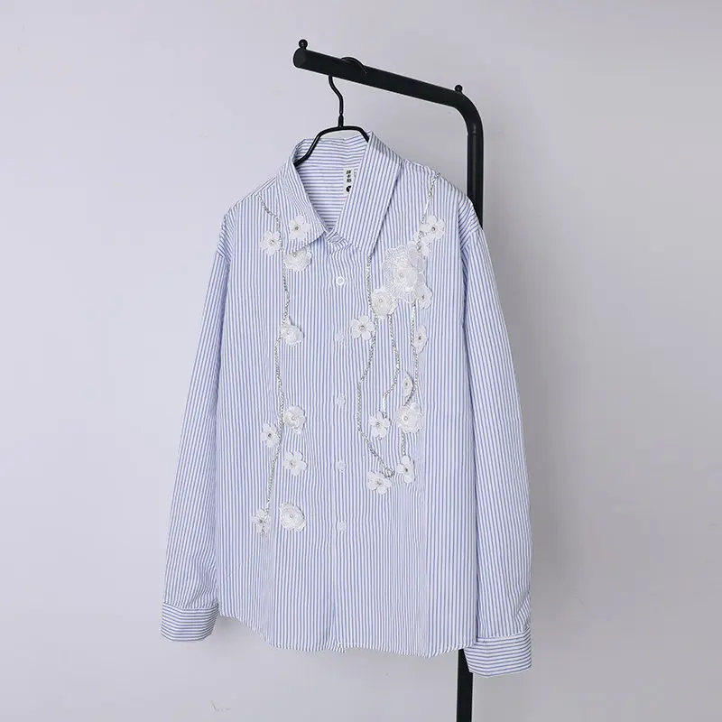 

Rhinestone Flower Appliques Striped Shirt Spring New French Fashion High Street Retro Men's Blue Casual Single-breasted Shirts