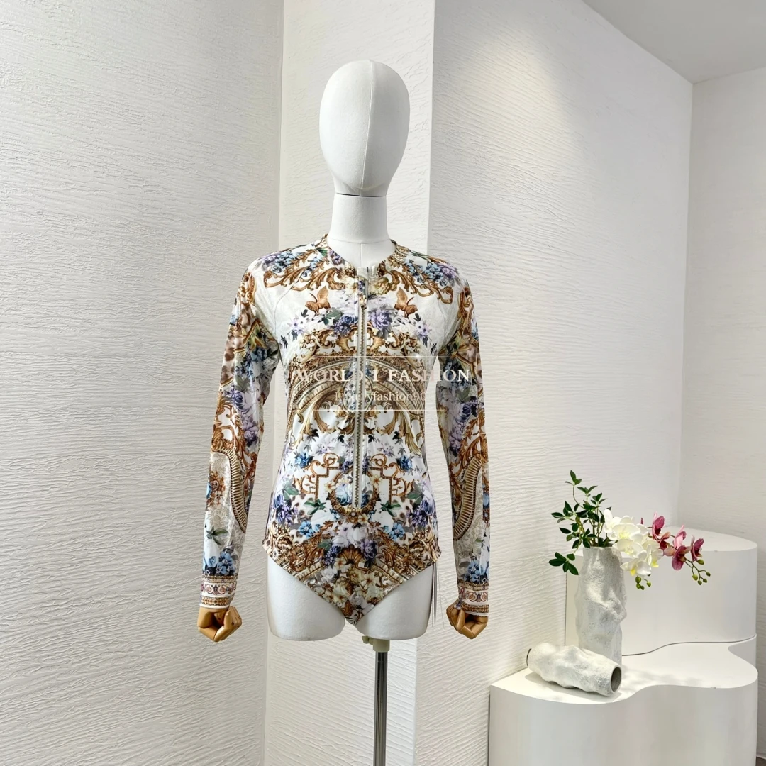 

Multi Color Floral Print Long Sleeve Diamonds Bodysuits Tops