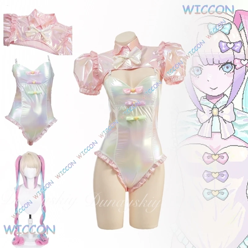 

Cosmic NEEDY GIRL OVERDOSE Game Rain Ame Superchat Demon Angel Chan With The Laser Color Swimsuit White Wig Cosplay Costume