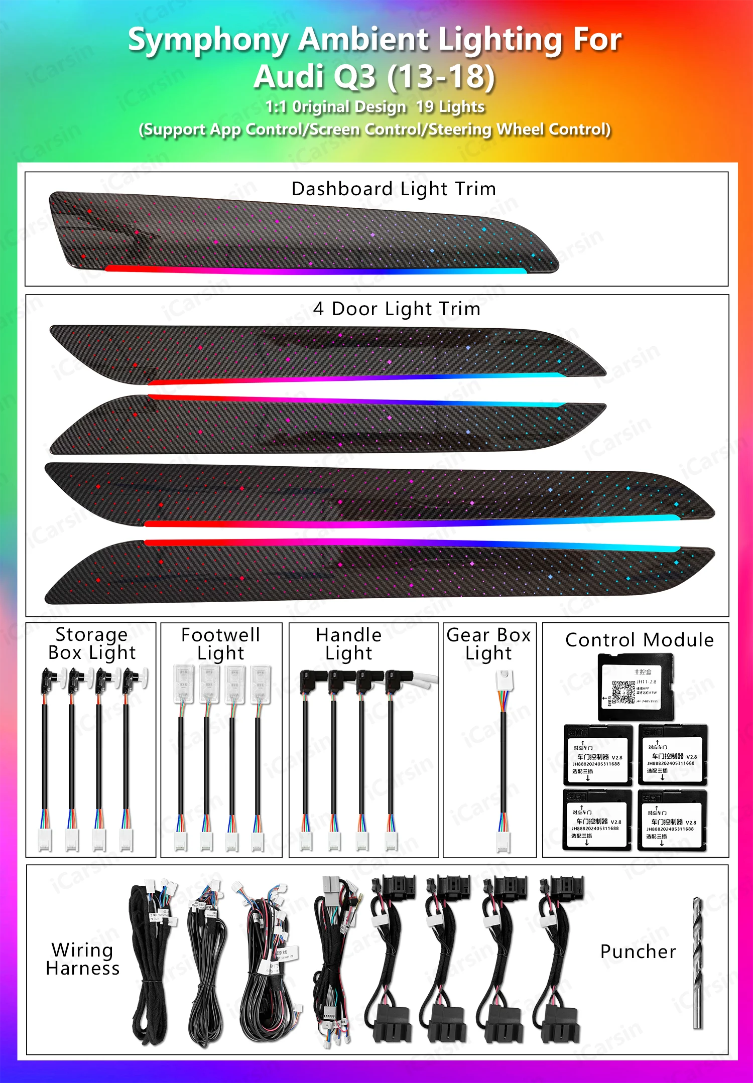 Icarsin 64 ألوان الكربون السماء المرصعة بالنجوم الضوء المحيط لأودي Q3 8U 2013-2018 التحكم في الشاشة الداخلية LED الإضاءة ترقية عدة #2